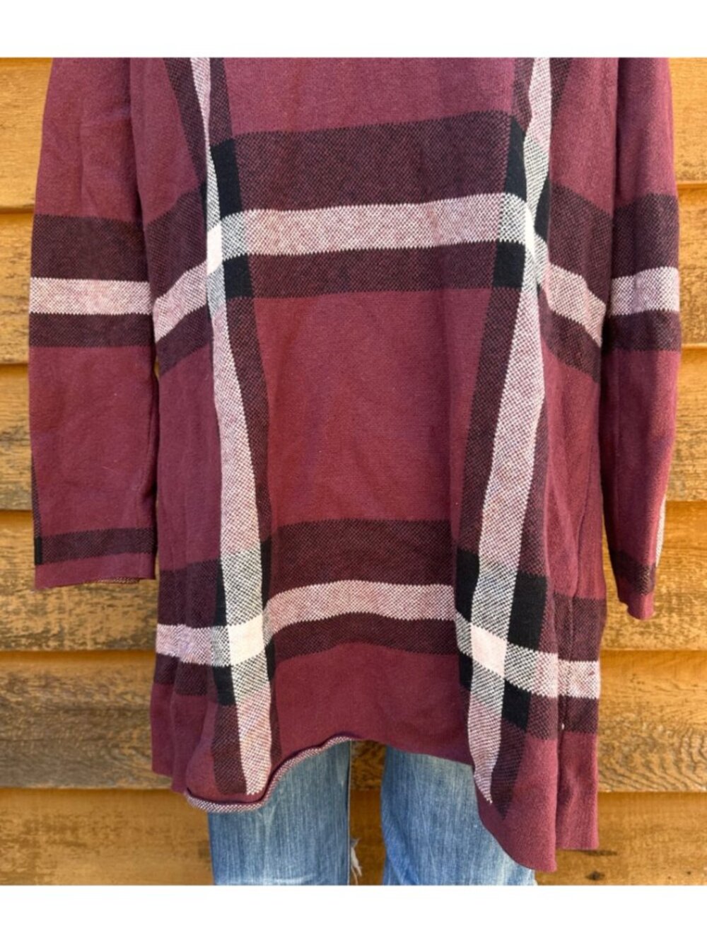 Plaid Open Front Cardigan Jacket By Elle Size XL Burgundy & Black Tones - Picture 8 of 8